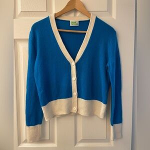 Cashmere From Future Long Sleeve V Neck Cardigan Sweater Teal Blue/Ivory NWOT